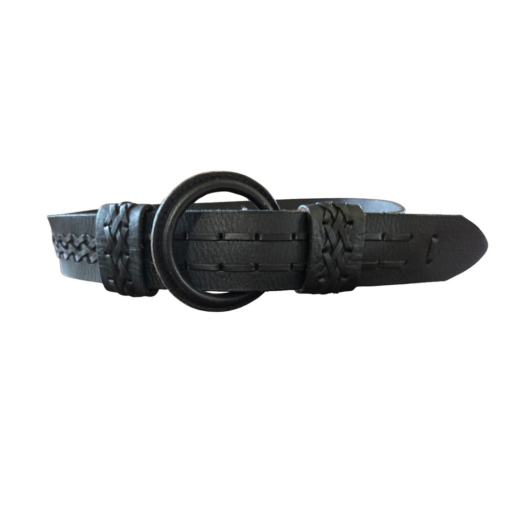Another Line Boho Chic Black Leather Woven Braided O-Ring Buckle Belt Medium